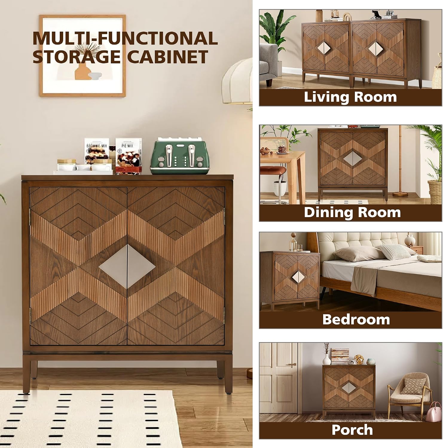 Ahokua Mid-Century Modern Wood Accent Cabinet with 2 Carved Doors, Geometric Storage Sideboard with Adjustable Shelf for Living Room, Hallway or Entryway, Brown