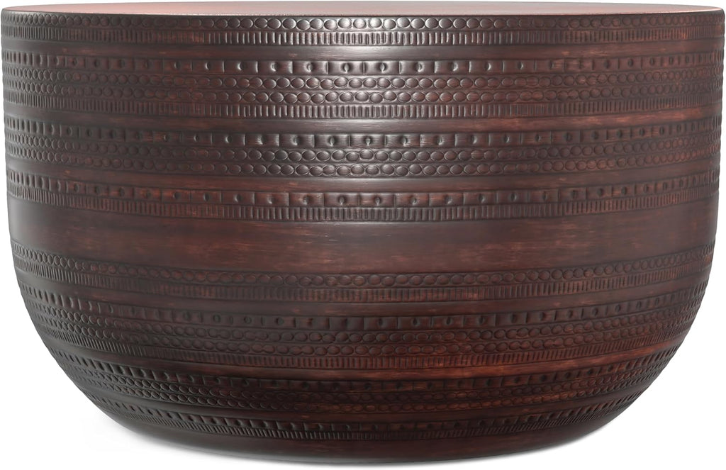 SIMPLIHOME Johnsen Metal Coffee Table - 30 inch Wide Solid Metal Round Drum Accent Table in Bronze, Boho Coffee Table for Living Room or Bedroom with Decorative Textured Design, Assembled
