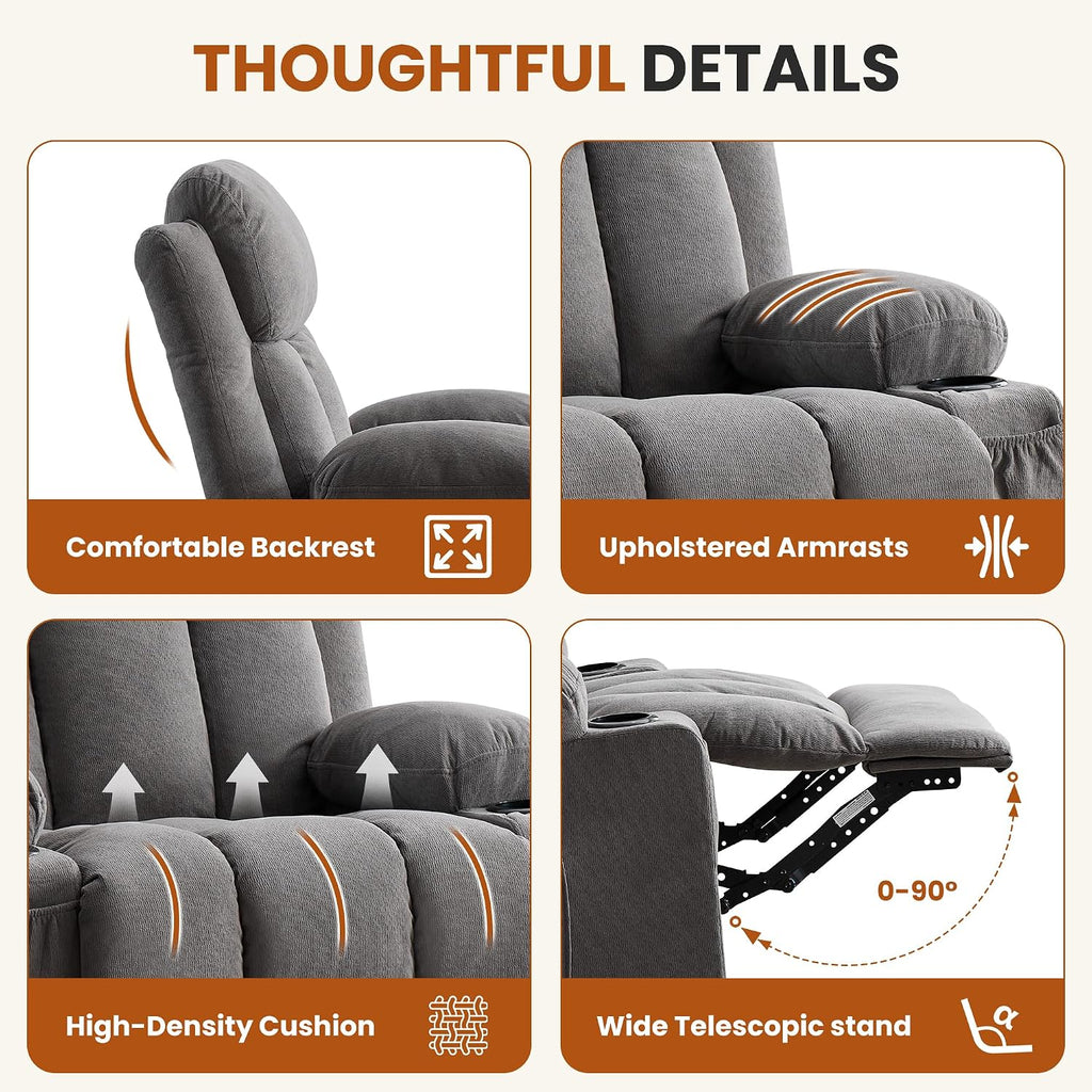 MAHOMICO Swivel Rocker Recliner Chair with Vibration Massage and Heat for Living Room,with Rocking Function and Side Pocket, USB Charge Port,2 Cup Holders