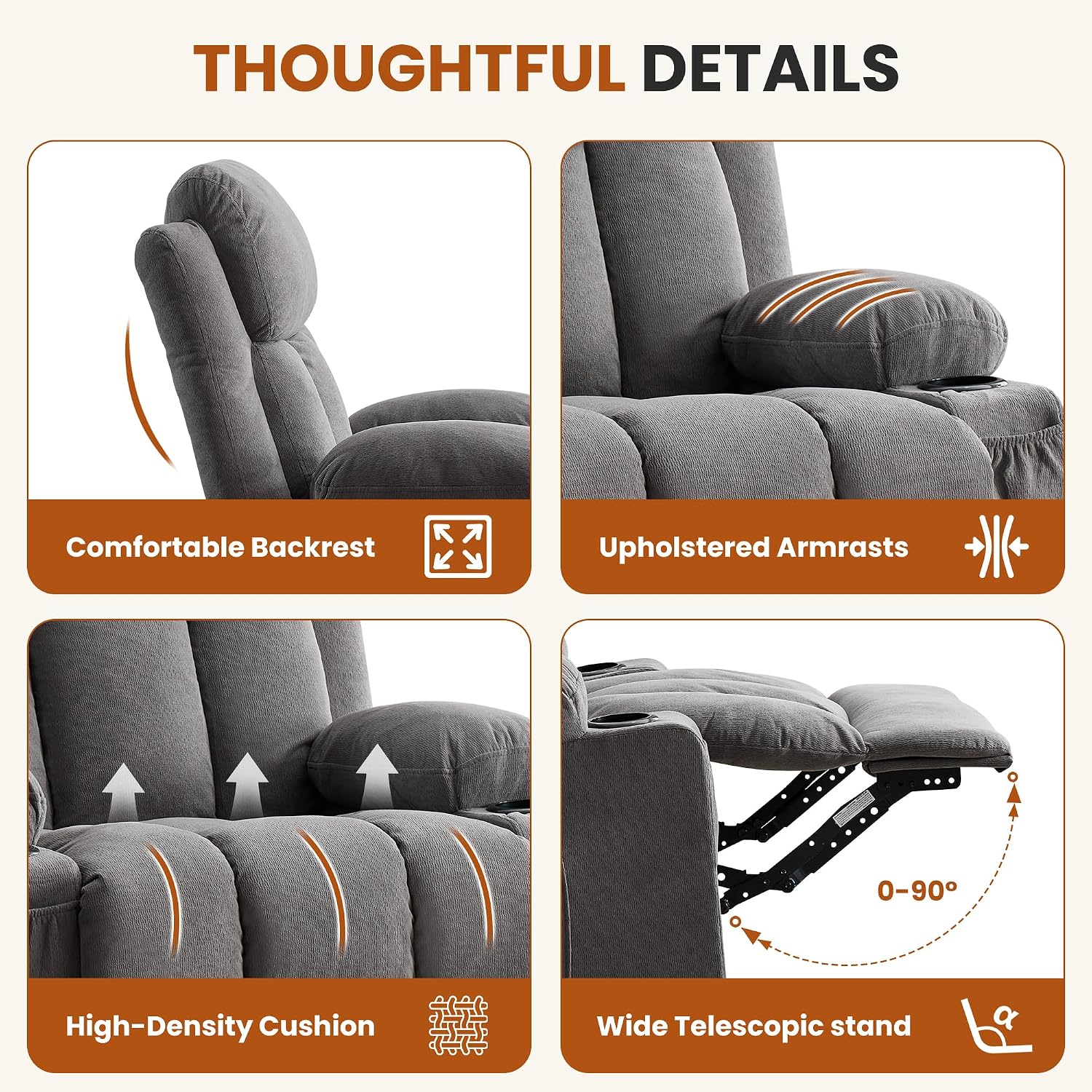 MAHOMICO Swivel Rocker Recliner Chair with Vibration Massage and Heat for Living Room,with Rocking Function and Side Pocket, USB Charge Port,2 Cup Holders
