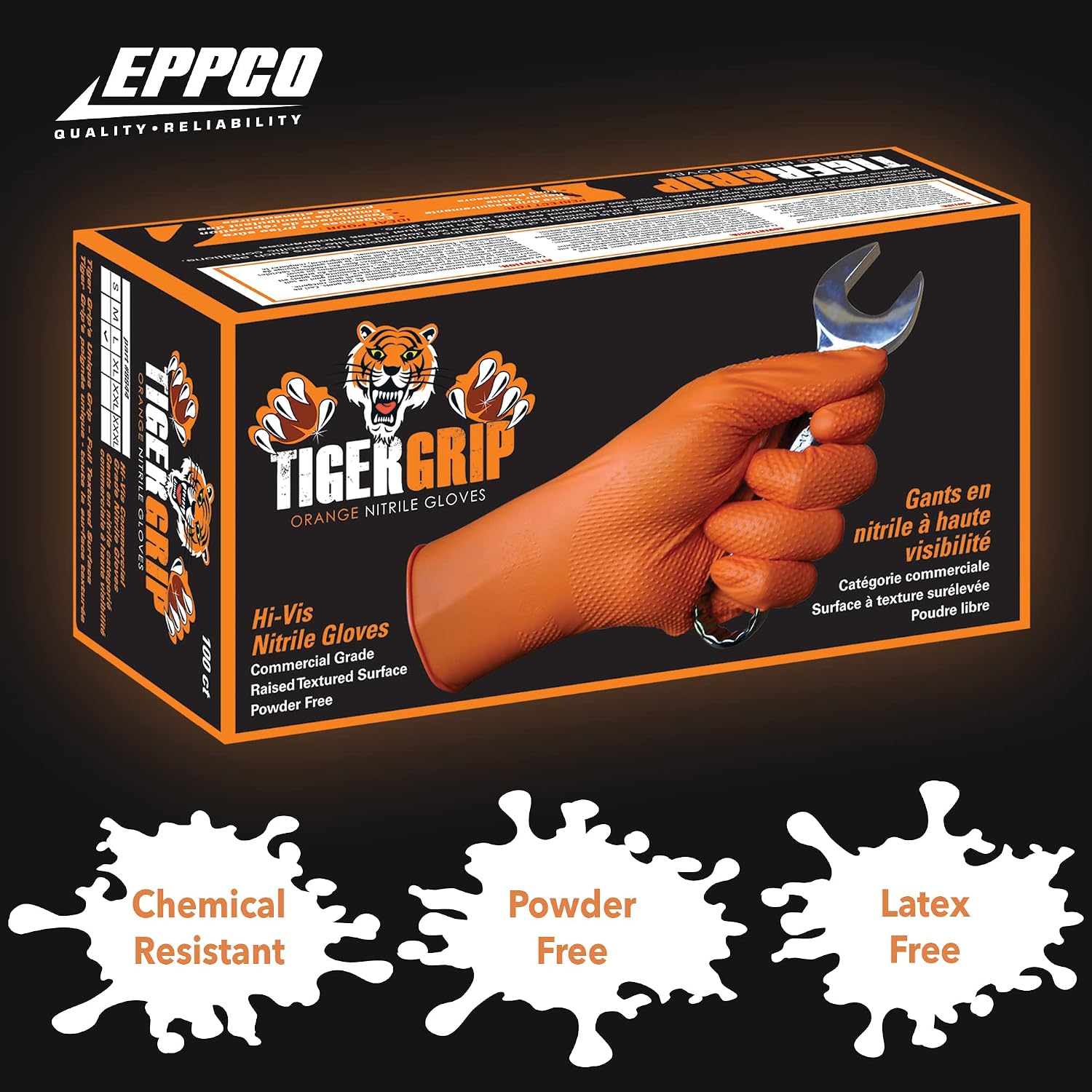 EPPCO TigerGrip 8-Mil Nitrile Glove Disposable Powder, Latex Free Textured Superior Grip Orange Gloves