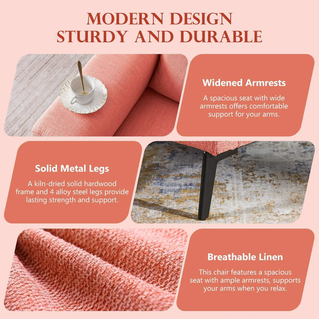CDCASA Accent Chair, Linen Fabric Oversized Mid Century Modern Chair Set of 2, Comfy Upholstered Armchair Reading Accent Chairs Sofa Chairs for Bedroom Living Room, Coral Pink