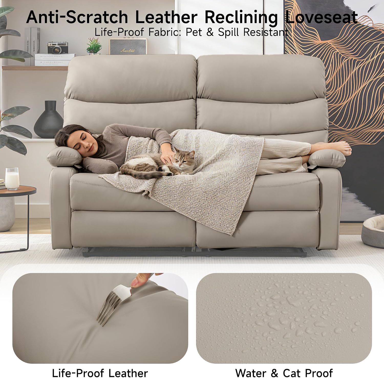Reclining Loveseat Sofa, Anti-Scratch Leather Manual Loveseat Recliner with Side Pocket, Wall Hugger Loveseat Recliner for Living Room, RV, Home Theater(Beige)