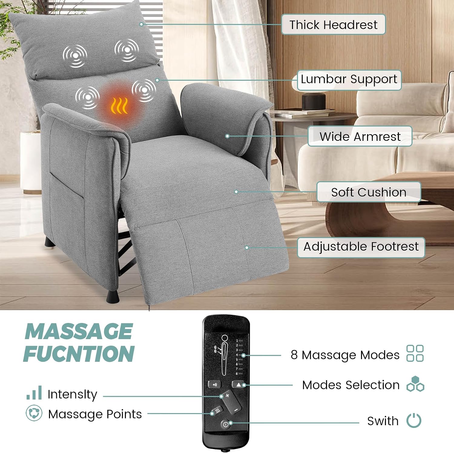 GarveeHome Elertric Recliner Chair with Massage and Heat, Adjustable Single Recliners Sofa with Remote Control Home Theater Seating &Armchair for Living Room/Office (Fabric, Grey)