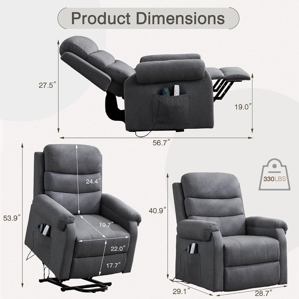 LOUVIXA Power Lift Recliner Chair Recliners for Elderly with Heat and Massage Recliner Chair for Living Room with Infinite Position and Side Pocket, USB Charge Port (Modern Grey)