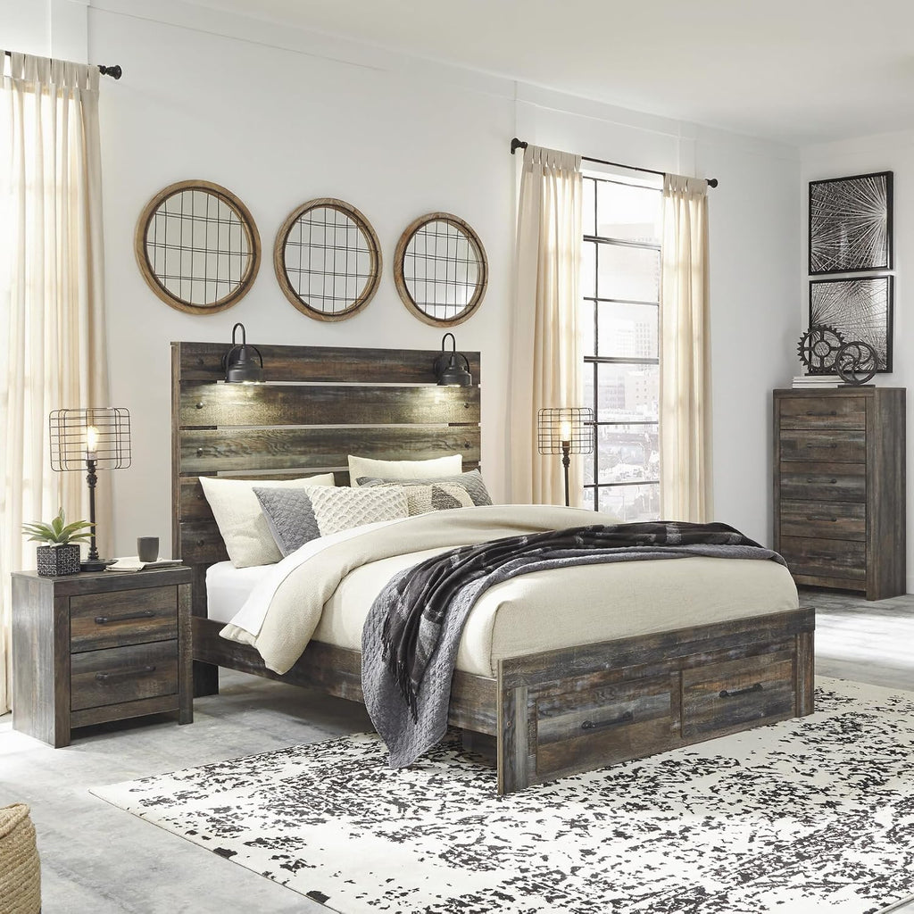 Signature Design by Ashley Drystan Queen Panel Bed with Storage Drawers, Built-in USB & LED Sconce Lights, Engineered Wood, for Master Bedroom Suites, Rustic Brown, Queen