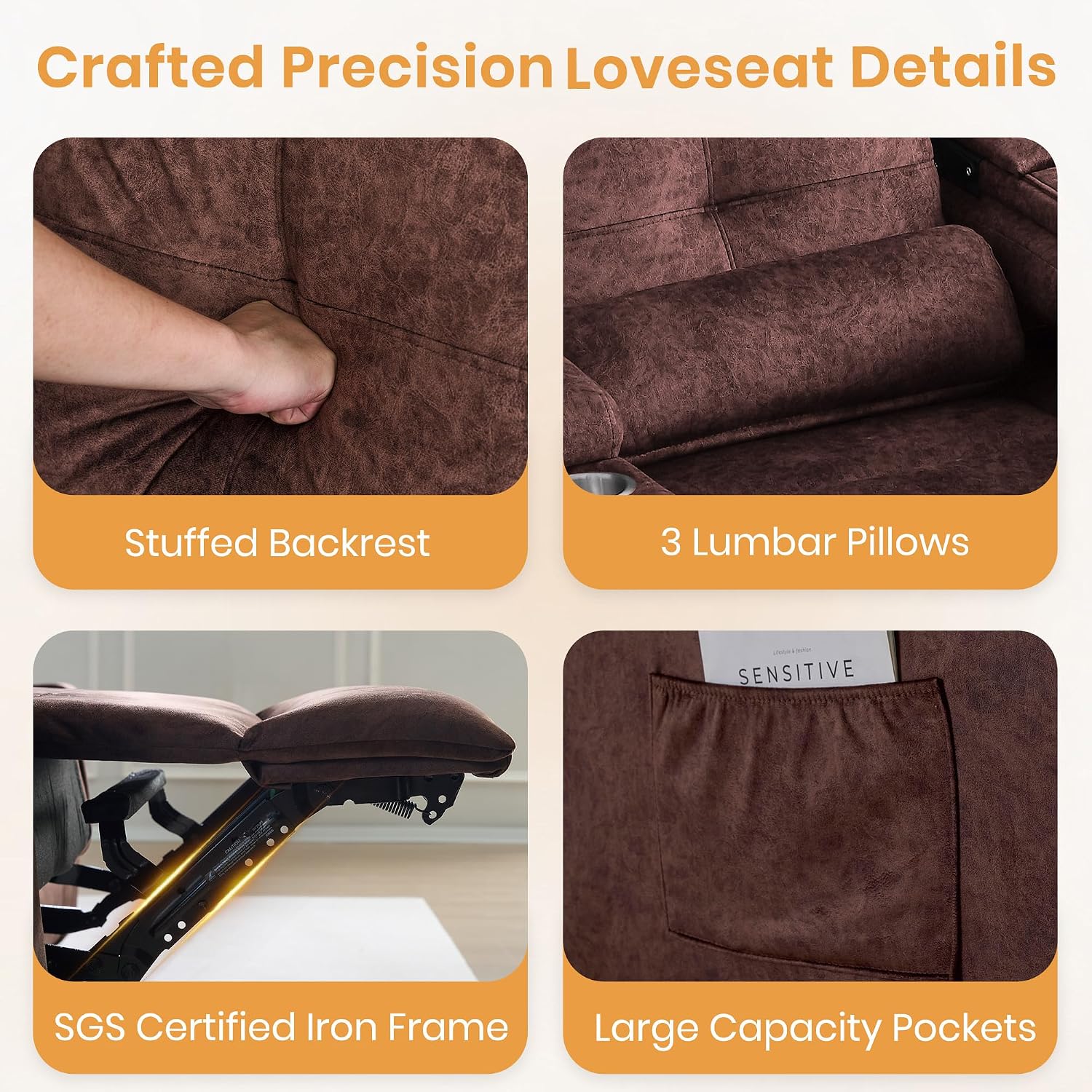 Power Reclining Loveseat with LED Lights/Arm Storage, Wall Hugger Loveseat Recliner with USB Ports, 2 Cushions, Power Loveseat Sofa for Living Room, Home, RV Camper(Brown, 2 Seat)