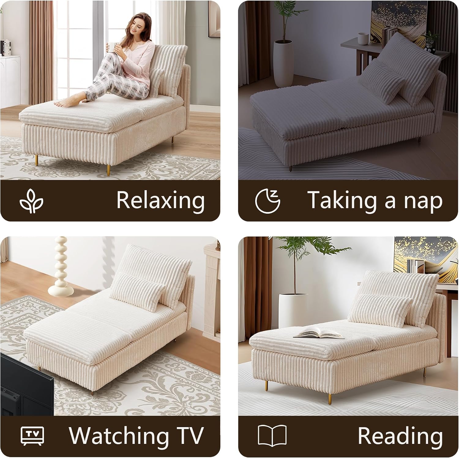 62.6' Corduroy Chaise Lounge Indoor, Modern Longue Chair Upholstered Chaise Longue with Support Pillow & Golden Metal Legs, Sleeper Sofa Recliner for Bedroom, Living Room, Office, Beige