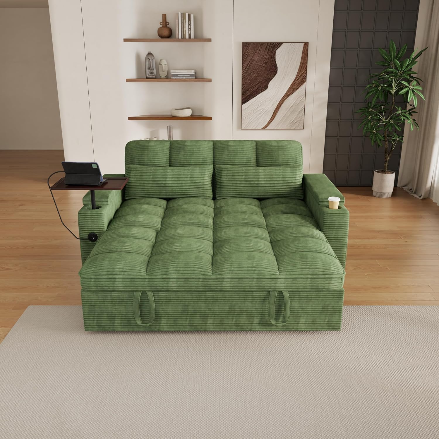 KEIKI 65' 3-in-1 Convertible Sofa Bed, Pull-Out Sleeper Couch with Adjustable Backrest, Corduroy Futon Loveseat with USB Charging Ports & Storage Arms for Guest Rooms, Studios & Small Space Living