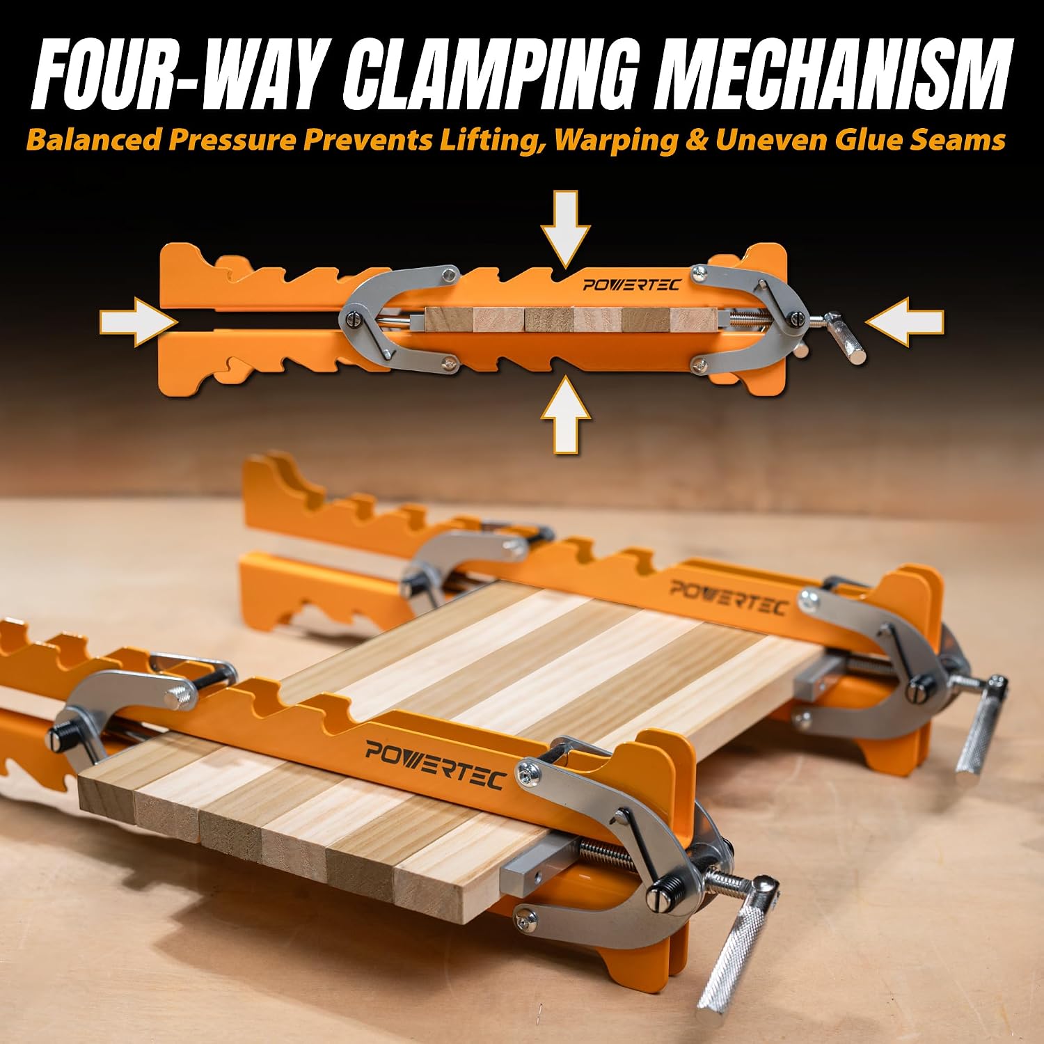 POWERTEC 16' Panel Clamps, 4-Way Pressure Cabinet Clamp Set with Storage Rack, Panel Glue-Up Clamps for Cutting Boards, Tabletops & Wood Panels (72436)