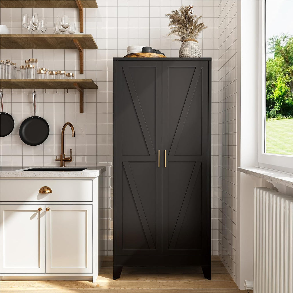 COFaR 61' Metal Pantry Cabinet in Black, Modern Storage Cabinet with Adjustable Shelves, Sturdy Metal Cupboard for Kitchen, Office, Living Room & Bathroom Organization