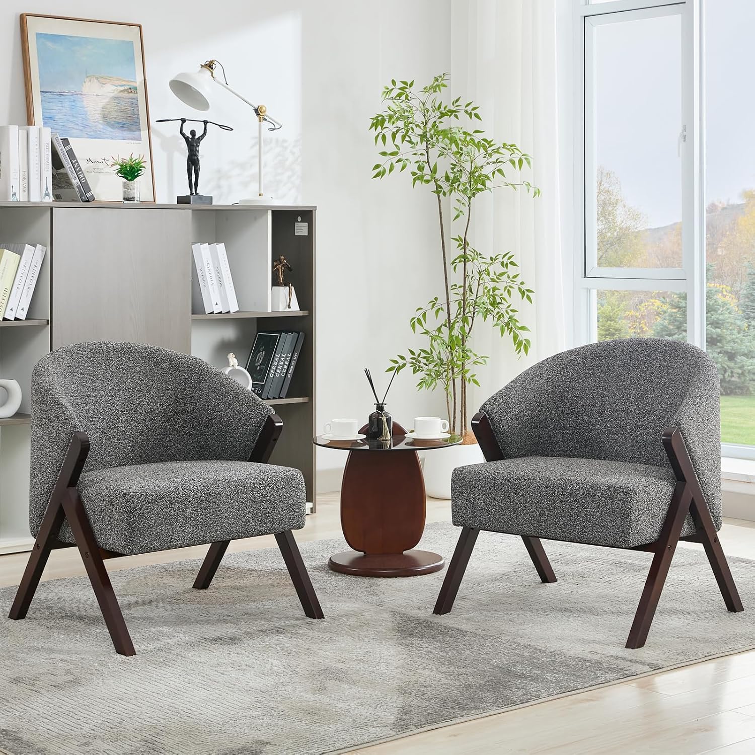 Garvee Accent Chair Mid Century Modern Chair Linen Fabric Living Room Chairs with Wood Frame Comfy Upholstered Reading Side Chair Easy Assembly for Bedroom