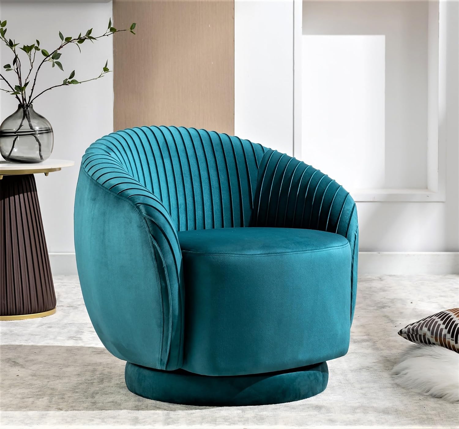 Container Furniture Direct Modern Barrel Swivel Chair with Plush Velvet Upholstery and Smooth 360° Rotation, Round Accent One-Seater Sofa for Living Room, Bedroom, and Office, Greenish Blue