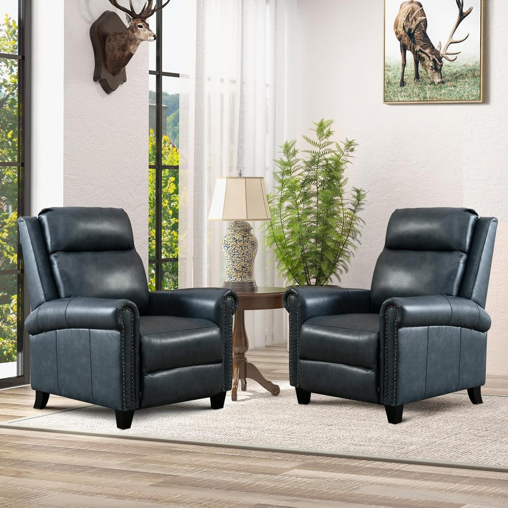 CANMOV Leather Recliner Chair Set of 2, Classic and Traditional Push Back Recliner Chair with Comfortable Arms and Back for Living Room Bedroom Adjustable Single Sofa,Navy Blue