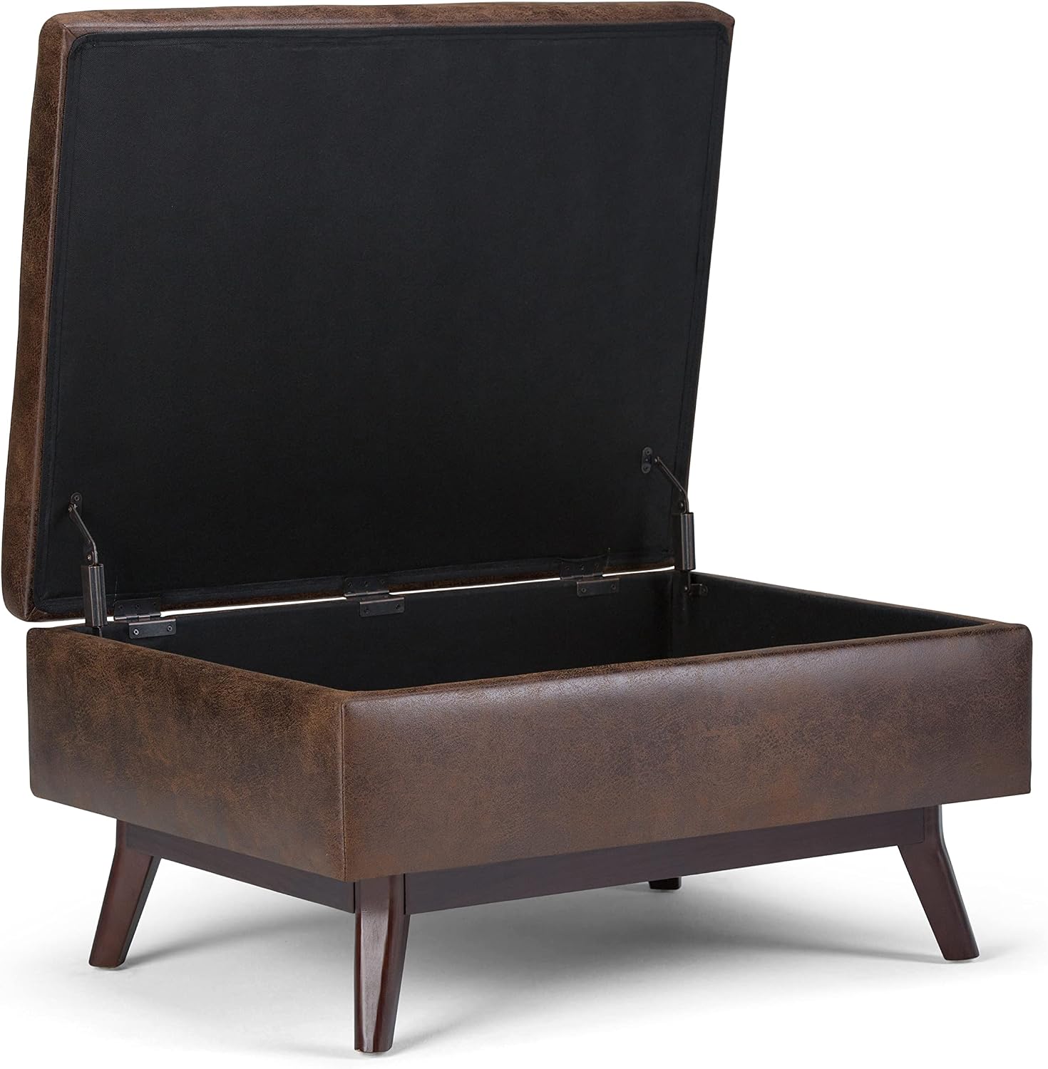 SIMPLIHOME Owen Coffee Table Storage Ottoman - 34' Wide x 19' High Upholstered Vegan Leather Rectangular Lift-Top Ottoman in Distressed Chestnut Brown, Mid-Century Modern Bench with Tapered Legs
