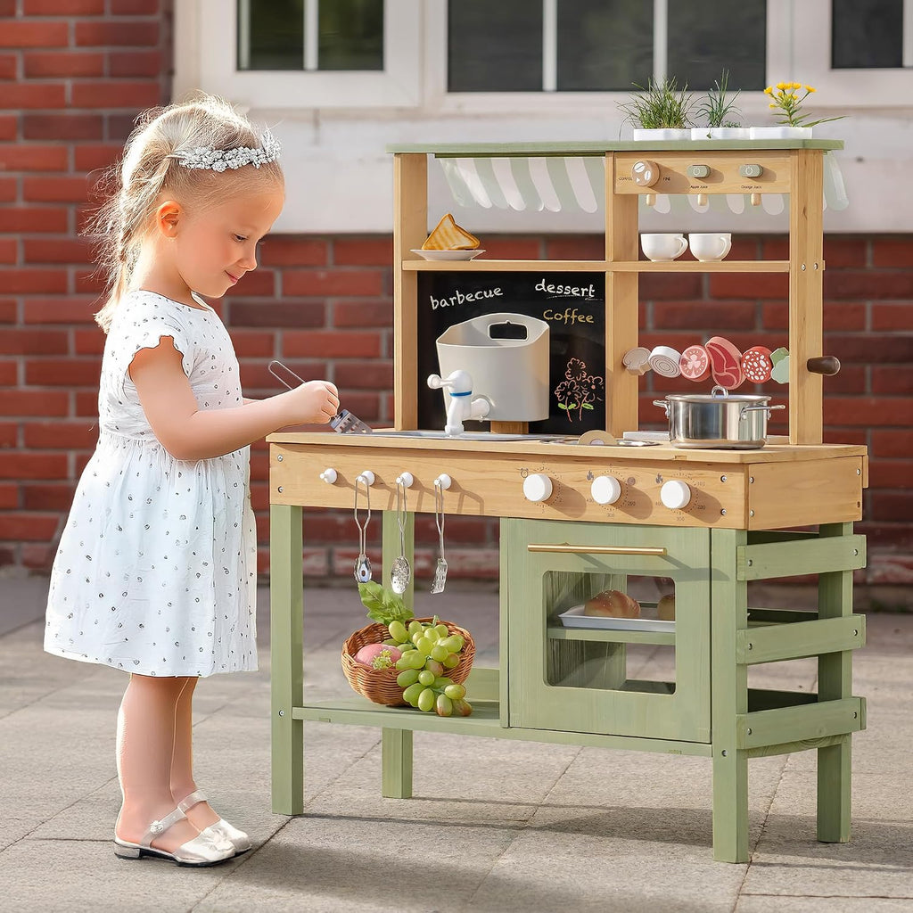 ROBOTIME Wooden Mud Kitchen for Kids, Outdoor Playset with Sink, BBQ Grill, Coffee Maker, Planting Area & Oven, Pretend Play Mud Kitchen Toy for 3+ Years Old Children