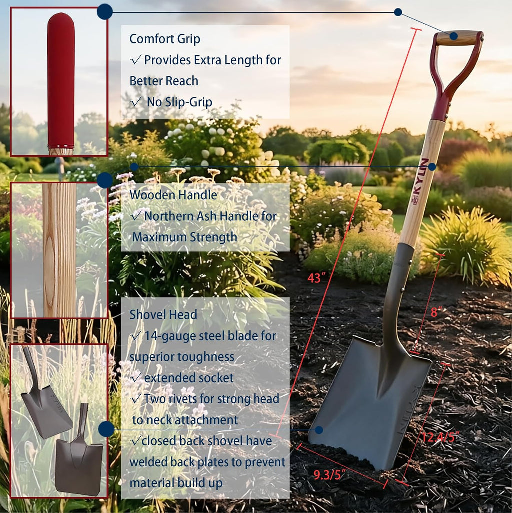 KYLIN 6-Piece Pro Long Ash Handle Garden Tools Set for Landscaping Agricture or Backyard,14-Gauge Shovels,Forged Rakes,Forged Weeding Hoe Sidewalk Scraper,