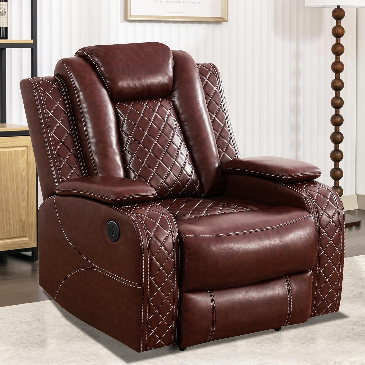Power Recliner Sofa Sectional Couch with LED Light for Living Room,Leather Reclining Corner Sectional Sofa Set with 3 Recliner Seats,Cup Holder,Storage Console for House/Home Theater, Wine