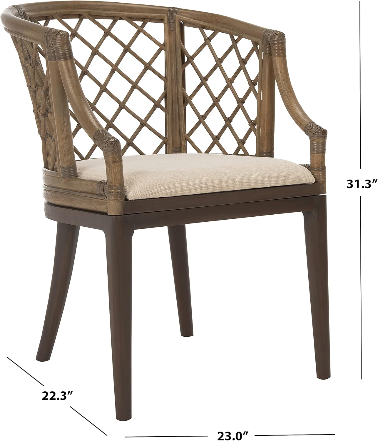 SAFAVIEH Furniture - Carlotta Rattan Arm Chair - Greige & White - Solid Wood - Coastal Open-Arm Design - Ideal for Living Room, Sunroom, Bedroom (SEA4013A)