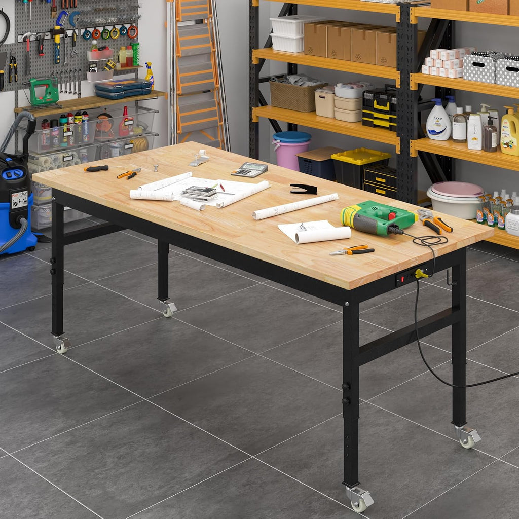 60' Adjustable Work Bench, Rubber Wood Top Workbench Heavy-Duty Work Table with Power Outlet and Wheels, 2000 LBS Load Capacity Hardwood Work Benches for Garage, Workshop, Home, Office, Easy Assembly