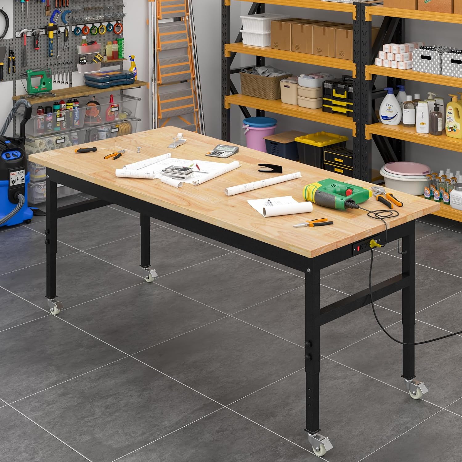 60' Adjustable Work Bench, Rubber Wood Top Workbench Heavy-Duty Work Table with Power Outlet and Wheels, 2000 LBS Load Capacity Hardwood Work Benches for Garage, Workshop, Home, Office, Easy Assembly