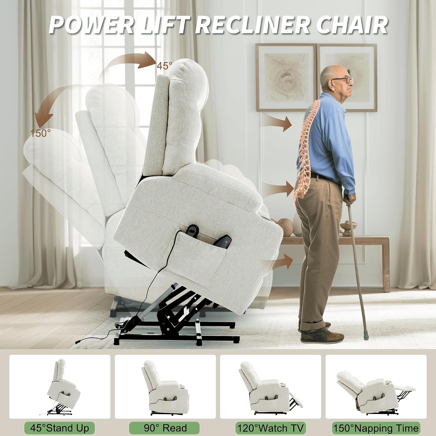 Korser Power Recliner Chair with Massage and Heating, Power Lift Recliner Chair for Elderly and Adults, Electric Recliner with Remote Control and Cup Holders for Living Room, Linen Fabric