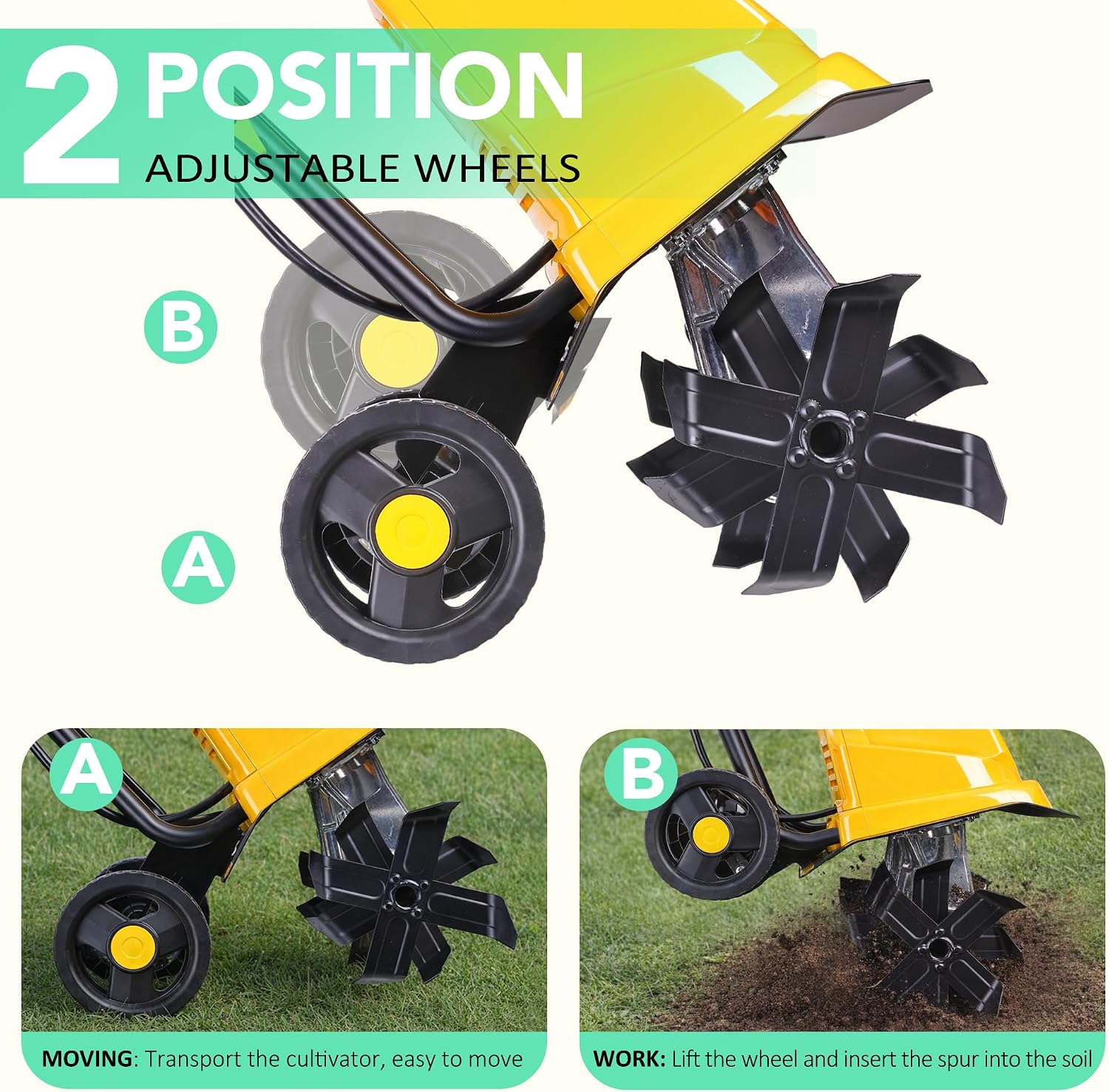 IncwBo Electric Tiller/Cultivator 4 Steel Tines, Garden Roto Tillers for Gardening, 15Amp 12 Inch Corded Rototiller with Adjustable Wheels