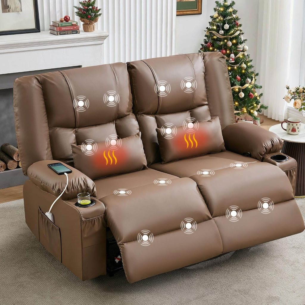 Brown Leather Loveseat Recliner with Massage/Heat, Oversized Recliner Couch & Reclining Loveseat with Cup Holders/Pillow, Manual Reclining Sofa For Living Room/Rv/Home Theater Seating (Brown)
