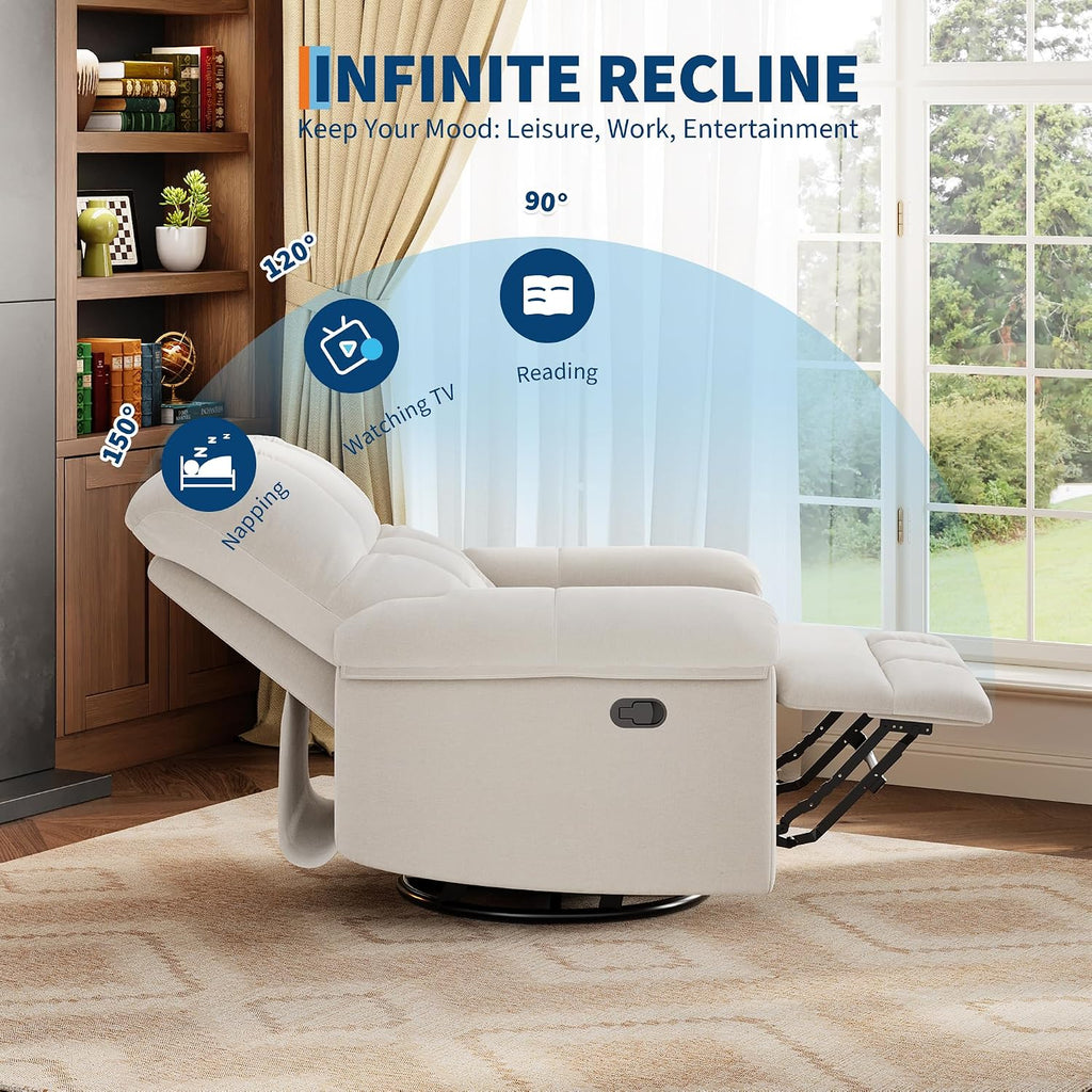 GarveeHome Recliner Chair, 360° Swivel Rocker Glider Nursery Chair with Padded Armrest and Deep Seat, Chenille Upholstered Reclining Sofa Chair for Living Room, Bedroom and Nursery(Cream)