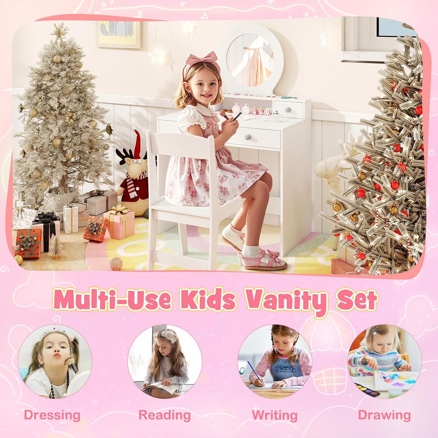 HONEY JOY Kids Vanity, Little Girls Vanity Set with Mirror and Stool, Drawers, Toddler Makeup Vanity Dressing Table, Wooden Pretend Play Kids Vanity Table and Chair Set (White)