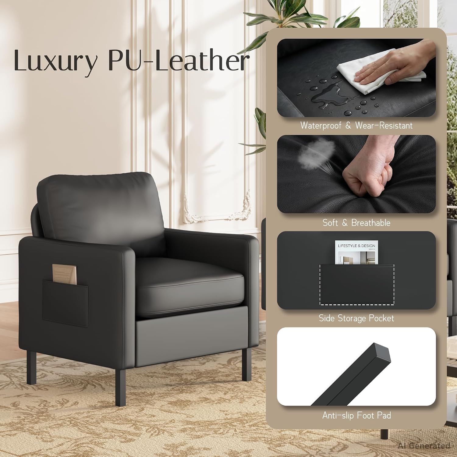 AODAILIHB Black Leather Accent Chair, Modern Accent Chairs with Arms, Small Chair with 2 Pocket/Thick Cushion Comfy Single Seat Sofa Couch for Living Room/Waiting Room/Office (1, Black)