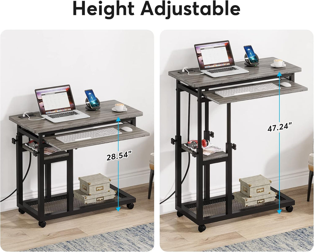 LITTLE TREE Small Computer Desk with Power Outlet, Heigh Adjustable Laptop Desk, Portable Desk for Home Office, Sofa Couch Bedside Laptop Table with Wheels, Perfect Petite Bureau de Travail