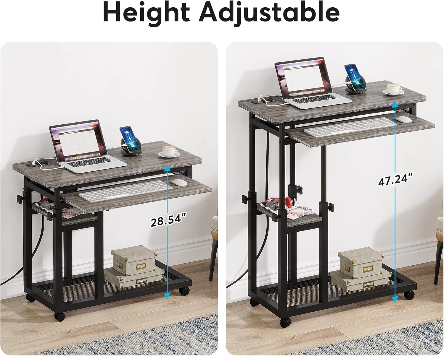 LITTLE TREE Small Computer Desk with Power Outlet, Heigh Adjustable Laptop Desk, Portable Desk for Home Office, Sofa Couch Bedside Laptop Table with Wheels, Perfect Petite Bureau de Travail