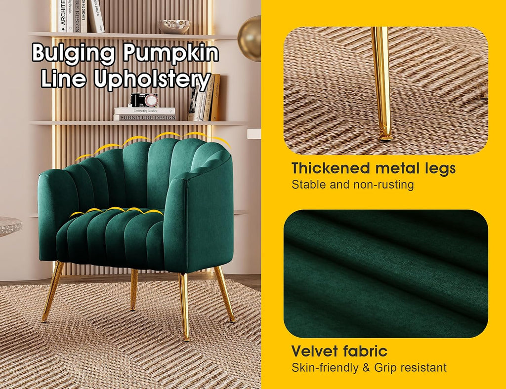Dewhut Oversized Pumpkin Couch Accent Chair, Modern Comfy Velvet Upholstered Barrel Chairs, Luxury Single Sofa Armchair for Living Room, Waiting Room, Office and Vanity, (Green)