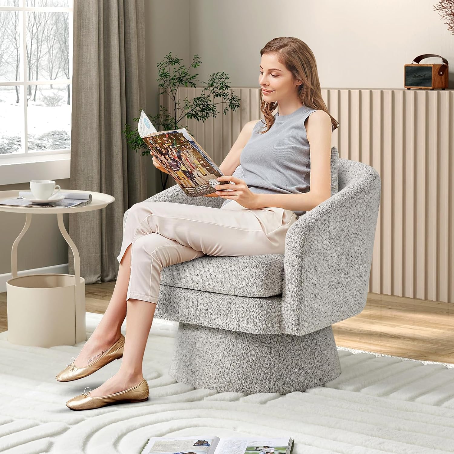 360° Swivel Barrel Accent Chair, Modern Chenille Upholstered Armchair with Curved Back, Soft Cushion & Arms, Wooden Frame, Storage Pocket, Comfy Reading Lounge Chair for Living Room, Bedroom, Office
