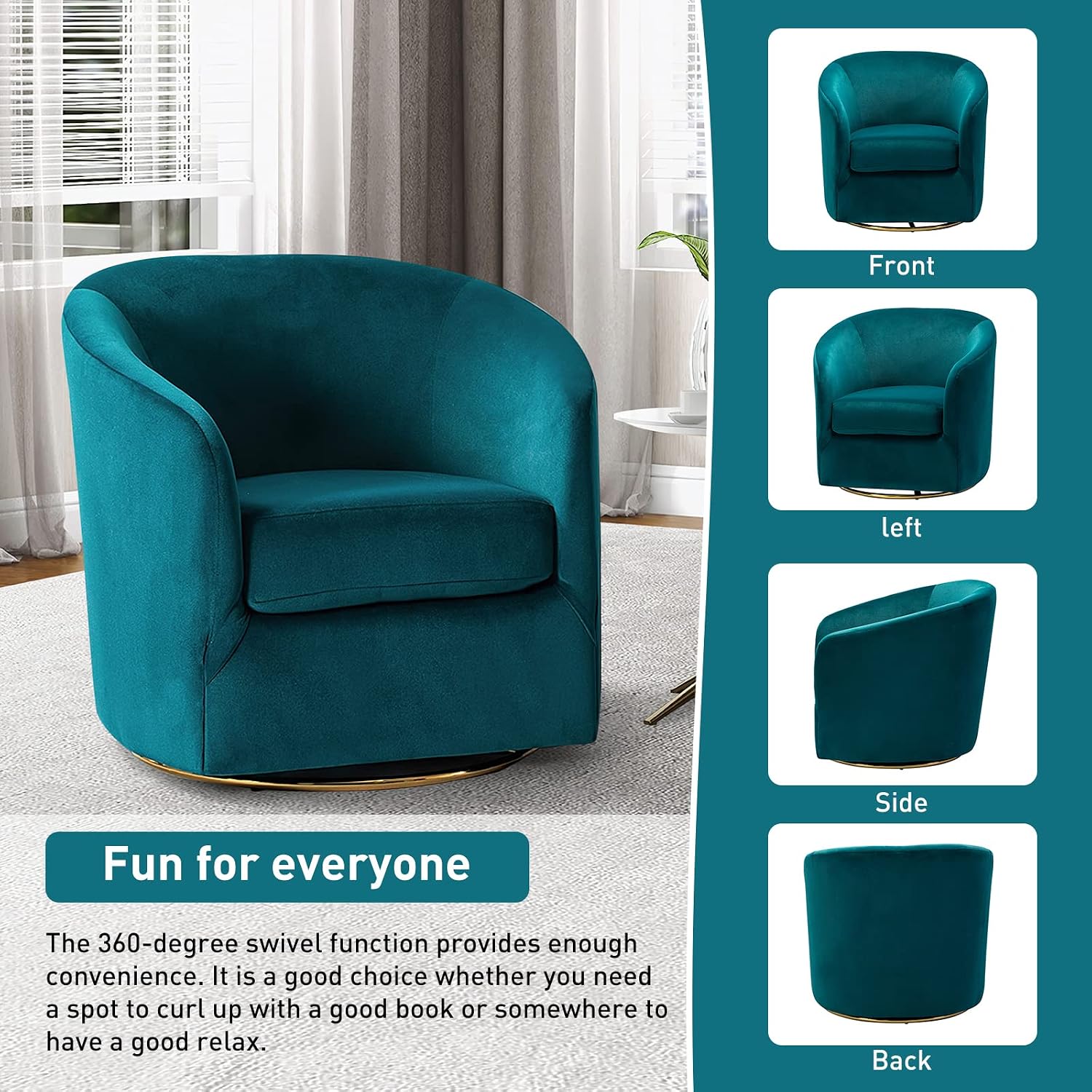 HULALA HOME Swivel Accent Chair with Gold Metal Base, Contemporary Velvet Curved Swivel Barrel Chair, Upholstered Club Armchair, Leisure Single Sofa for Living Room, Nursery, Bedroom(Teal)
