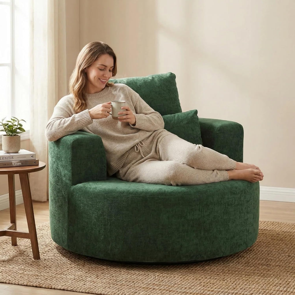 Furnimart Oversized Barrel Accent Chair, 360° Swivel Round Upholstered Sofa, Chenille High-Resilience Sponge, No Assembly Wide Seat for Living Room, Bedroom, Apartment (Green)