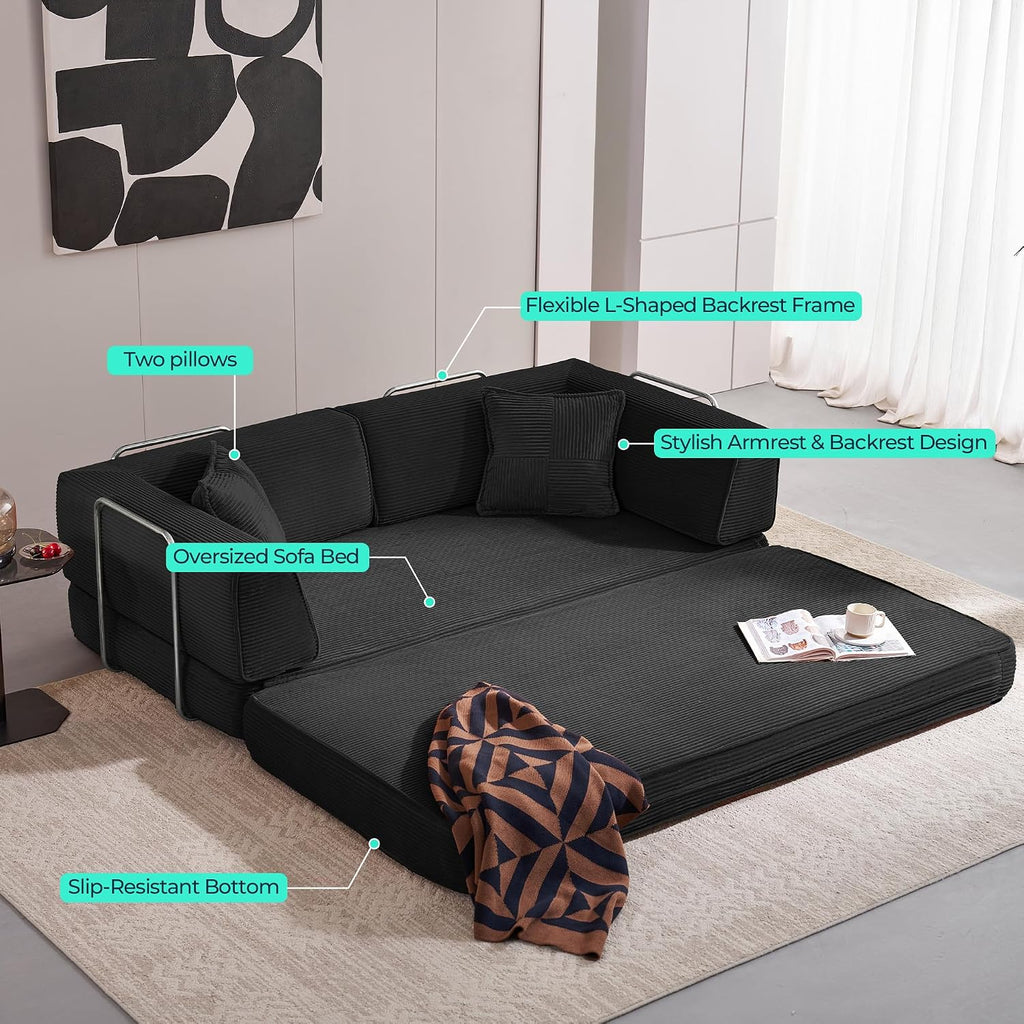 LINSY HOME Sofa Bed Couch - Convertible Boneless Couch Bed with 2 Pillow (Black) | Folding Sofa Bed