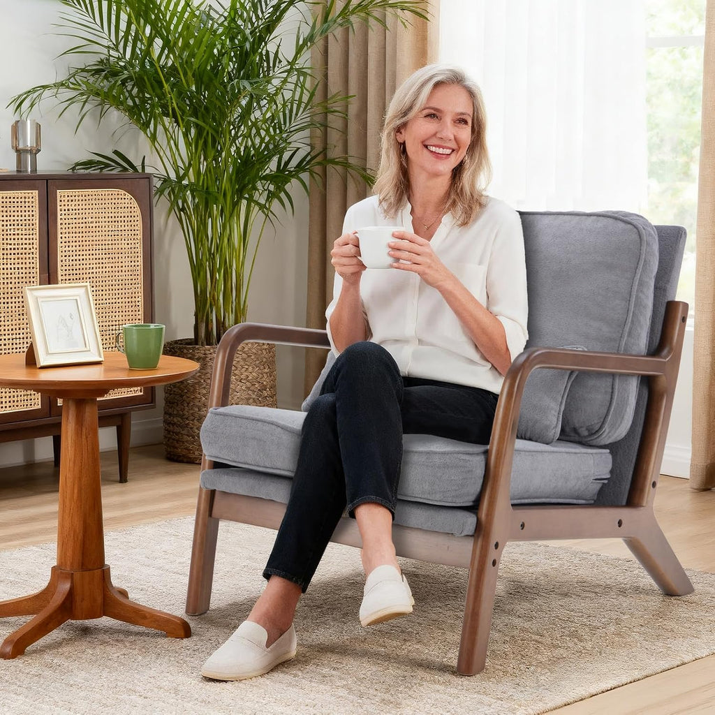 DUMOS Mid Century Modern Chair Set of 2, Accent Chair with Arms and Waist Cushion, Reading Chairs for Adults, Lounge Chair for Living Room and Bedroom, Solid Wooden Frame, Grey