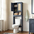 Over The Toilet Storage Cabinet with Rattan Doors, Boho Farmhouse Bathroom Organizer Over Toilet, 5-Level Adjustable Bottom Bar Fits Water Valve, 3 Adjustable Inner Shelves, Navy Blue, 24'x70'