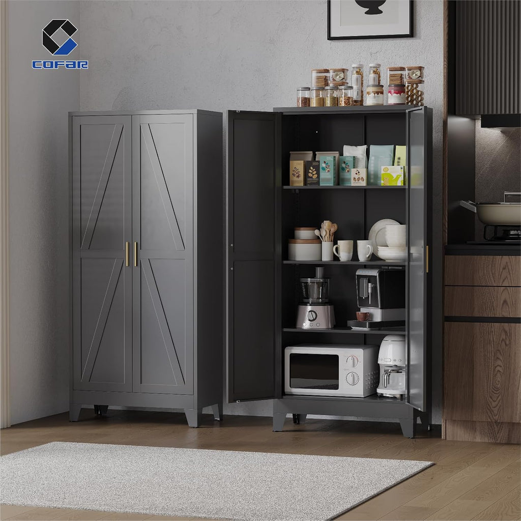 COFaR 61'' Tall Metal Storage Cabinet, Farmhouse Kitchen Pantry Cabinet with Doors and 3 Adjustable Shelves, Black Metal Cabinets for Garage, Kitchen, Bathroom, Laundry, 4-Tier