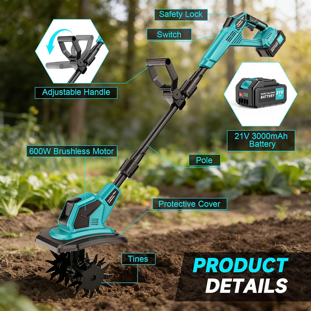 Cordless Tiller Cultivator, 360RPM Electric Garden Tiller, with 2 x 3.0Ah Batteries & Charger, 9In Tilling Width and 6.6In Depth Garden Rototiller for Lawn/Gardening/Soil Cultivation