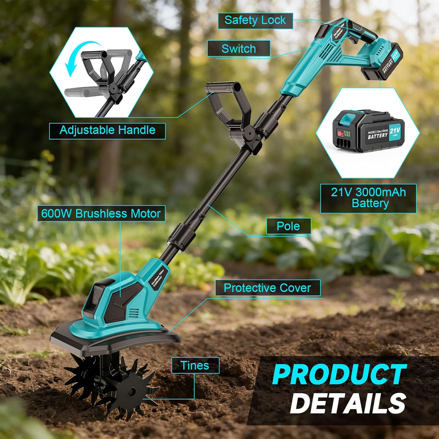 Cordless Tiller Cultivator, 360RPM Electric Garden Tiller, with 2 x 3.0Ah Batteries & Charger, 9In Tilling Width and 6.6In Depth Garden Rototiller for Lawn/Gardening/Soil Cultivation