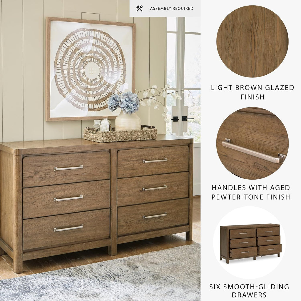 Signature Design by Ashley Cabalynn Casual 6 Drawer Dresser with Felt-lined Top Drawer for Bedroom, Light Brown