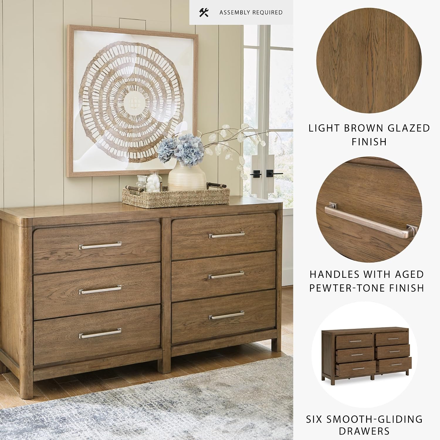 Signature Design by Ashley Cabalynn Casual 6 Drawer Dresser with Felt-lined Top Drawer for Bedroom, Light Brown