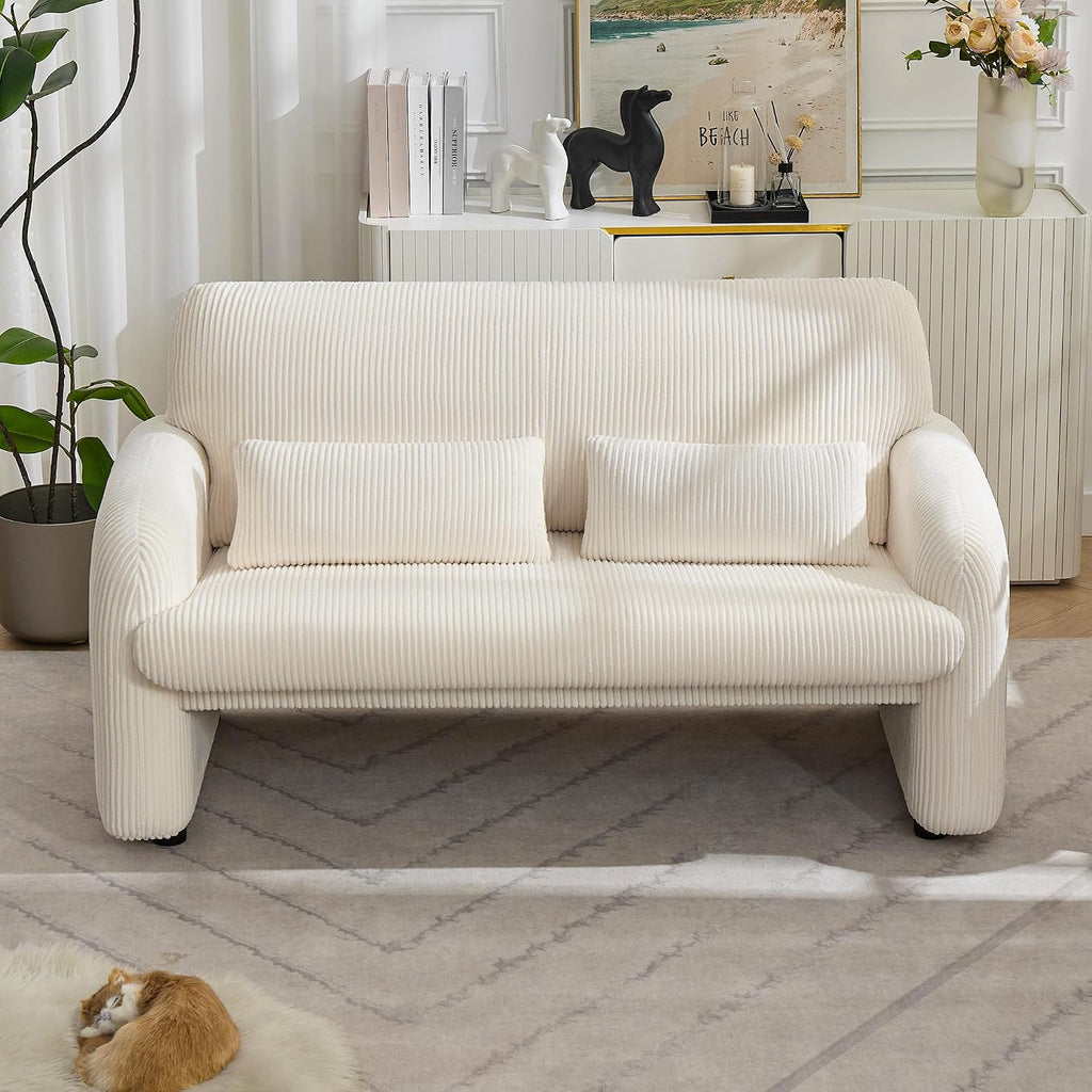 WUTUTUEE 56'' Corduroy Loveseat Sofa, 2 Seater Love Seat Couch for Small Space, Comfy Upholstered Modern Leisure Loveseat Couches with Lumbar Pillows for Bedroom, Office, Living Room, White
