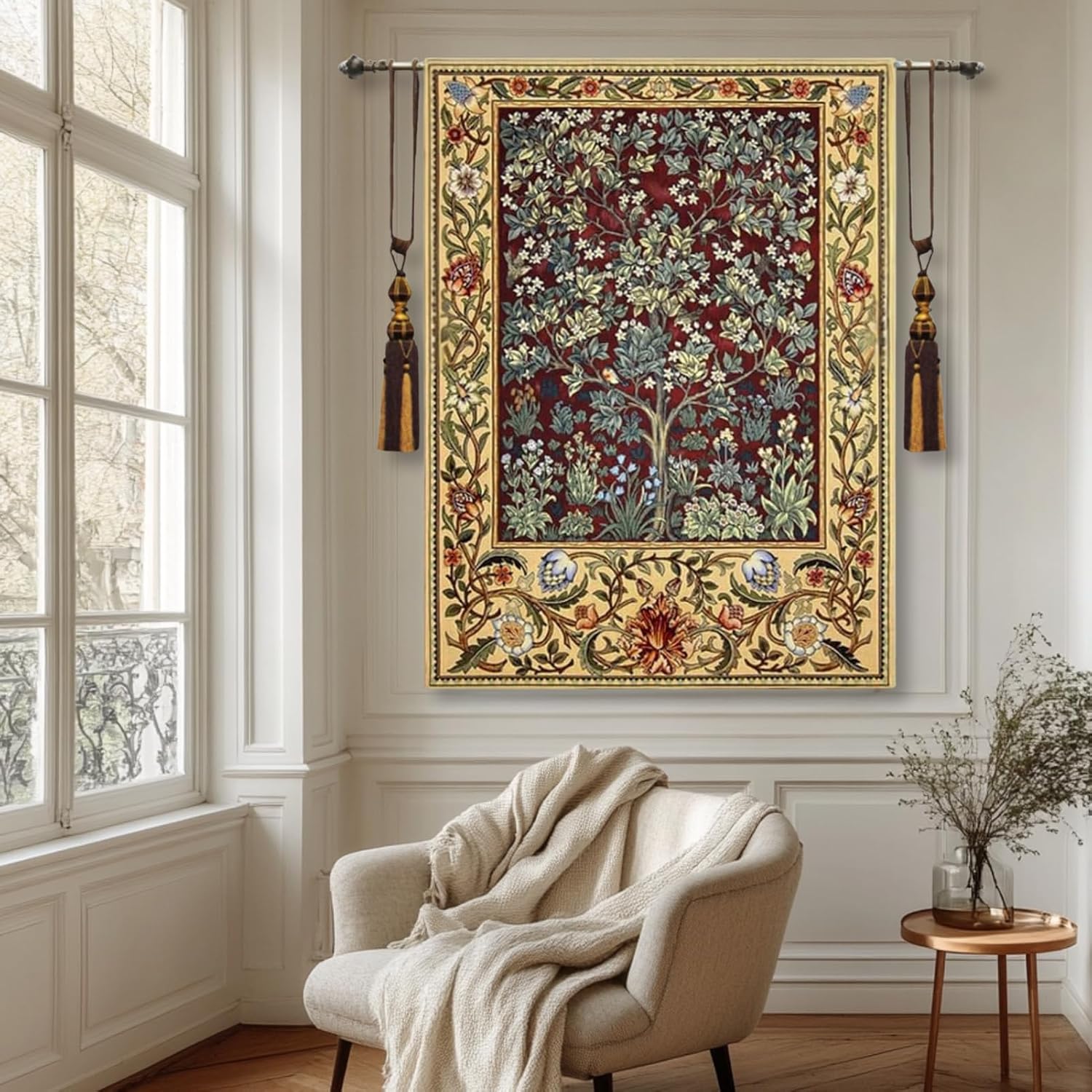 ORIMONY William Morris Tree of Life Tapestry Wall Hanging, Medieval Vintage Woven Jacquard Tapestry for Room Aesthetic (Retro, Red, 35L x 27W)
