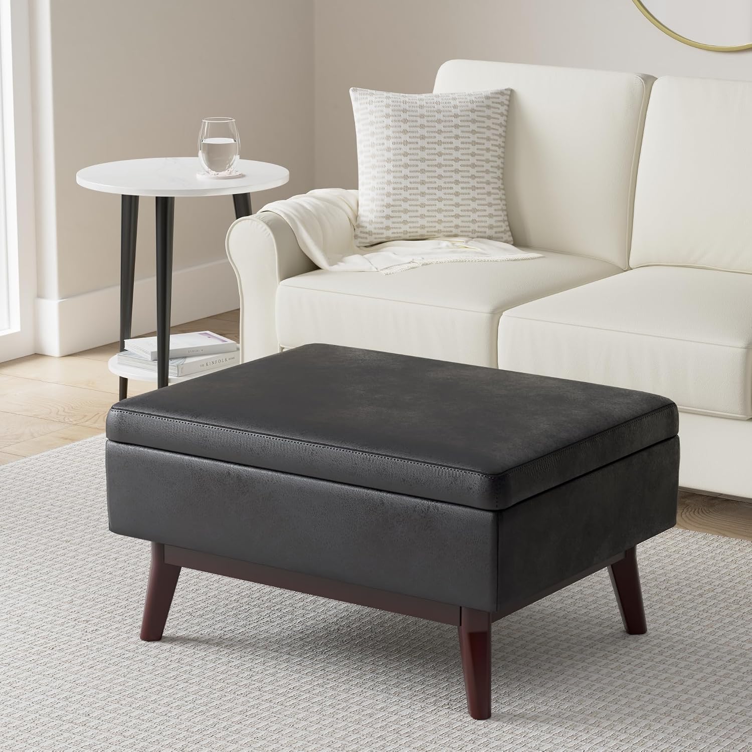 SIMPLIHOME Owen Coffee Table Storage Ottoman - 34' Wide x 19' High Upholstered Vegan Leather Rectangular Lift-Top Ottoman in Distressed Black, Mid-Century Bench for Living Room with Tapered Legs