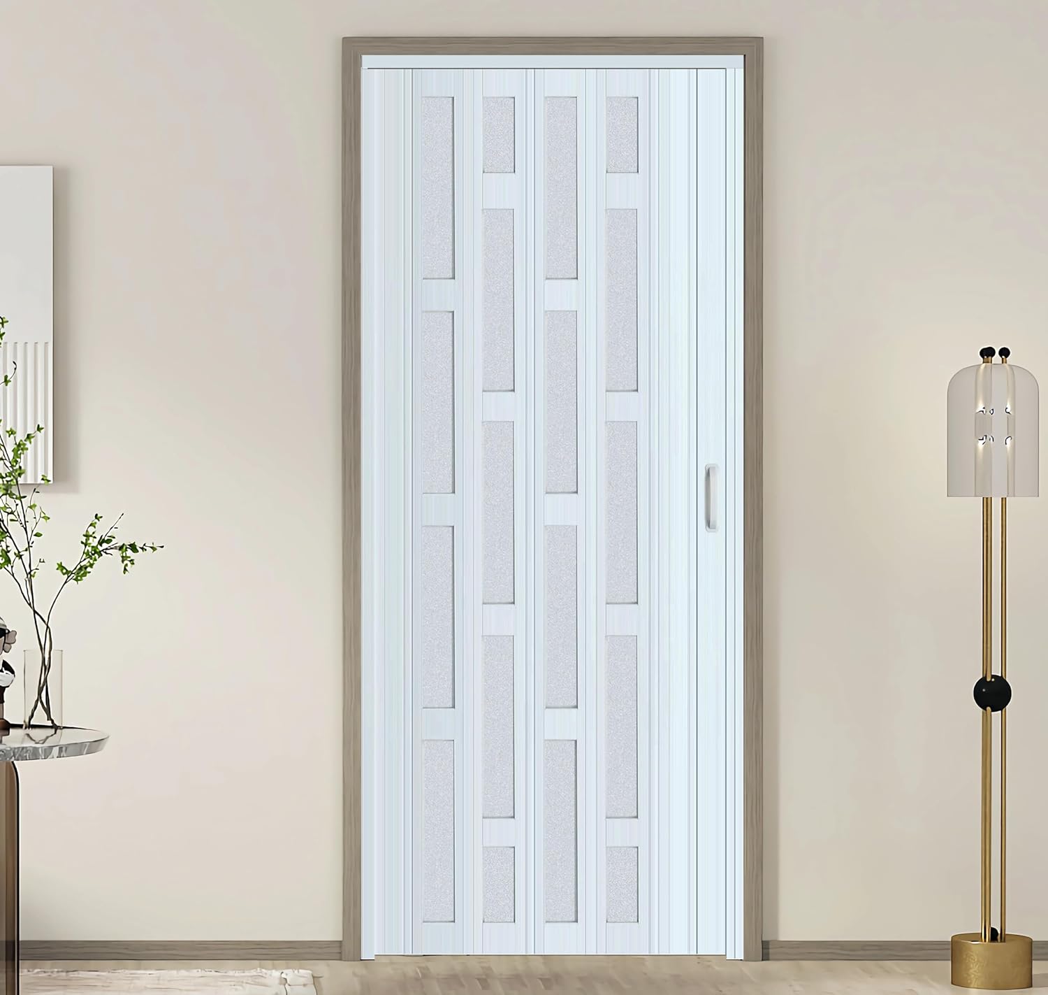 DIYHD 36X80in Glass Accordion Door with Latch&Handle, Double-Layer Thickened PVC Folding Interior Door with Frosted Acrylic - Blocks Views, Lets Light In, Easy Install for Closet, Utility&Room Divider