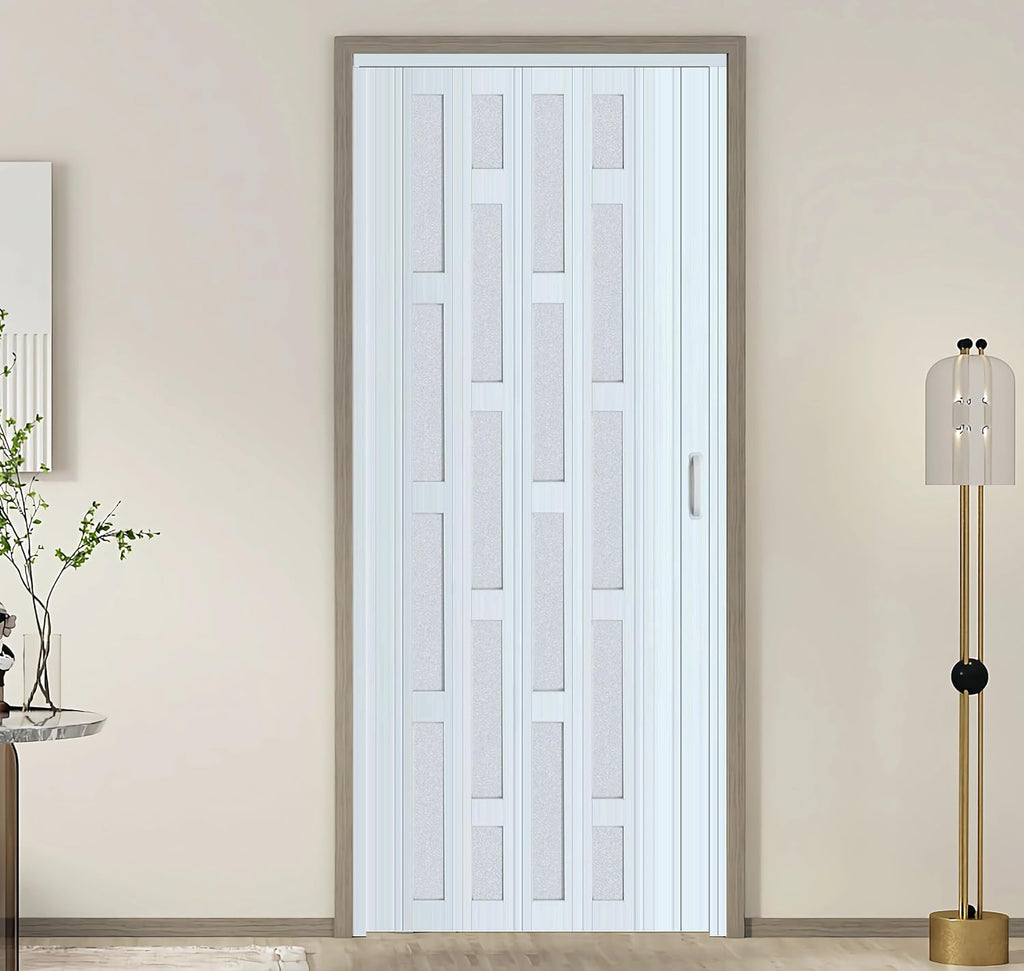 DIYHD 36X96in Glass Accordion Door for Tall Openning, Double-Wall Thick PVC Folding Interior Door with Frosted Acrylic - Blocks Views, Lets Light in, Easy Install for Closet, Utility & Room Divider